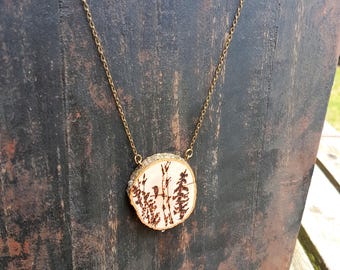 Bald Eagle, Birch and Pine trees, mountains pyrography art Woodburned live edge birch pendant necklace, brass chain and clasp, nature lover