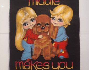 Gorgeous blonde big eye boy, girl and dog wall hanging/banner Hobbytex 1970s