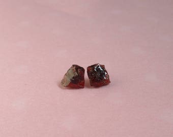 Raw Garnet Earrings, Rough Garnet Stud, January Birthstone, Natural Wine Red Gemstone, Stainless Steel Post