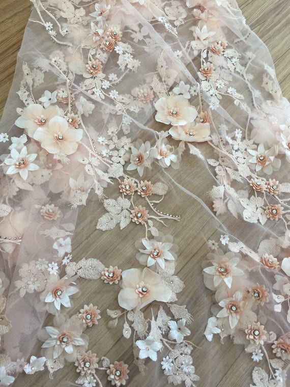 Peach 3D Bridal Lace Fabric Luxury3D Flowers Applique