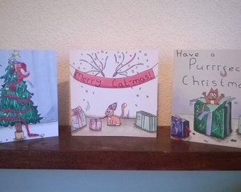 Funny Cat Christmas Cards: 3 Designs, Set of 6