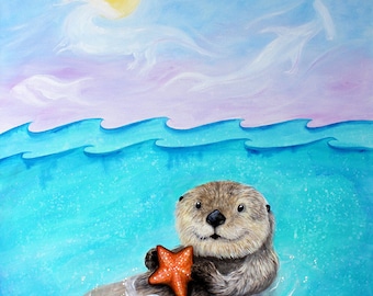 Sea Otter Serenity - 8x10 Art Print - Cute Sea Otter with Orange Star Fish In Ocean - Art by Marcia Furman