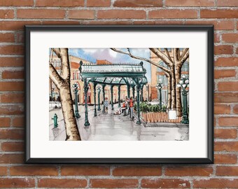Seattle Pioneer Square, Seattle Watercolor, Seattle Urban Sketch, Pioneer Square Painting, Seattle Print, Seattle Washington, Art Print