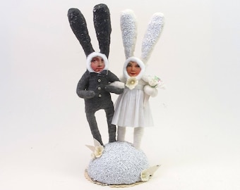 READY TO SHIP Vintage Inspired Spun Cotton Bunny Rabbit Wedding Cake Topper