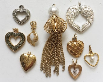 craft lot destash of assorted vintage metal heart pendants and tassel jewelry components for repurposing--mixed lot of 9 items