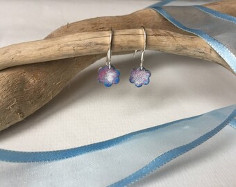 daisy enamelled dangle earrings, silver earrings, coloured drop earrings, enamelled earrings,