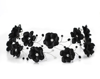 54 Black flower crown, Flower hair accessories, Hair flowers, Flower headband, Flower headpiece, Flower hair band, Floral hair piece, Tiara.