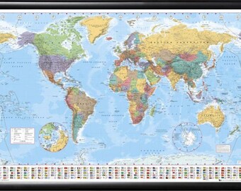 home office world map with country flags at bottom in premium black wood frame with push