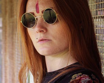 60's 70's round brown lense John Lennon sunglasses with gold frames hippie