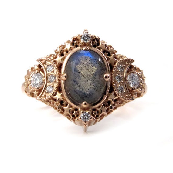 Oval Starseed Engagement Ring - Labradorite and Diamonds - Recycled Gold Jewelry