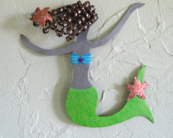 Mermaid metal wall art Rosie reclaimed metal marine art wall sculpture gift lime green 6 x 9