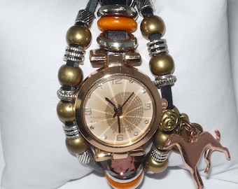 Copper Greyhound Dog and Bronze Heart Charms Bracelet Watch