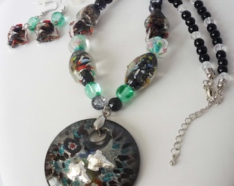 Millefiori-Style Artglass Pendant Bead Necklace + Earrings w SP Greyhound Dogs