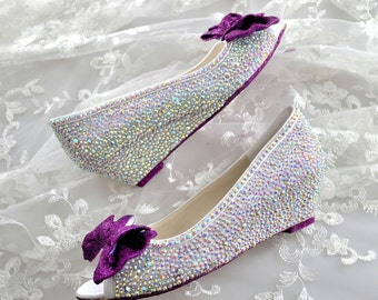 Custom Cadbury Purple glitter sole & AB swarovski crystal wedding bridal Low Heel Peeptoe Wedge Bow Heel