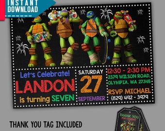 TMNT Invitation, Teenage Mutant Ninja Turtles Birthday, Editable PDF Template, Instant Download, Editable Invitation, FREE Thank You Tags