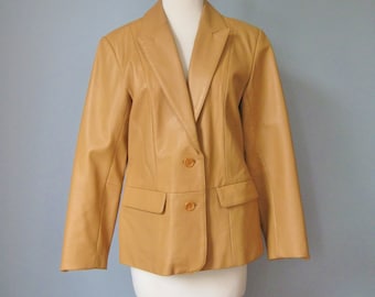Tan Leather Blazer / Vtg 80s / Margaret Godtrey Tan Leather Blazer / Size 8