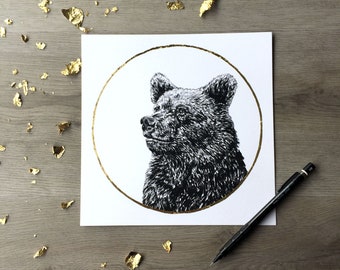 Grizzly Bear Strawberry Moon June- Print of original Graphite Drawing with Gold Leaf Animal Portrait Bear Print Woodland Print Gold