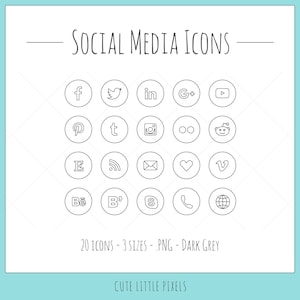 Social Media Icons - 20 icons in 3 sizes, PNG files, dark grey, outline style, black