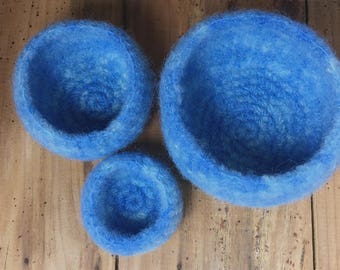 Sky Blue Bowls - Felted Wool Nesting Bowls - Set of 3 bowls - Cute Storage Containers - 4.5 to 2.5 inches across