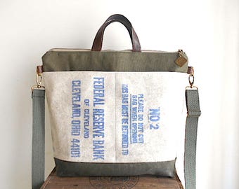 Military canvas, vtg bank carryall tote, laptop bag - Federal Reserve Cleveland Ohio - eco vintage fabrics