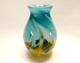 Hand Blown Art Glass Vase in Bright Teal Blue and Olive Green, Handmade glass, Made to order