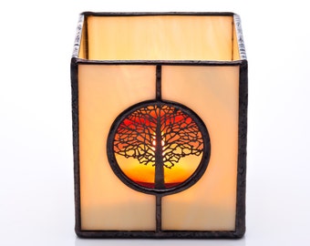Tree of Life Harvest Blood Moon Stained Glass Tea light Candle Holder