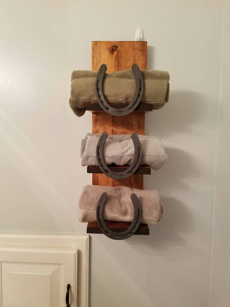 Rustic Horseshoe Three Shelf Towel Rack Bathroom decor