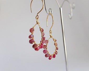 Red ruby,Garnet and agata earrings,hoop gemstone gold filled wrapped earring,boho hoop beaded earrings,ruby jewelry, Hoop Earrings,ombre red
