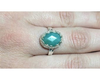 Faceted Amazonite and 925 Sterling Silver Botanical Ring | Size 8