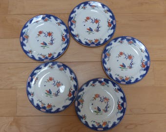 Five Vintage (1936) Royal Crown Derby Porcelain Bread and Butter Plates in an Unusual Imari Pattern with Two Quails