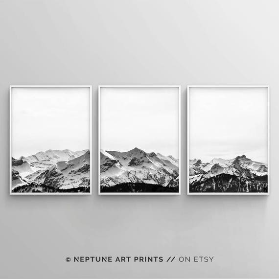 Black and white mountain print set of 3 snow mountain Black and white mountain print set of 3 snow mountain