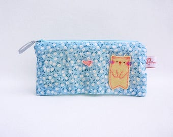 Cat pencil case, pencil case, blue flower case, makeup organiser, zipper pouch, cute school purse, teens gift, school pouch, school supply