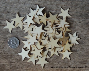 50 Small 1.25 inch Mini Wood Stars, Wood Confetti - Rustic Wedding Decor- Flag Making 1-1/4 Wooden Stars- DIY Craft Supplies Flag Making