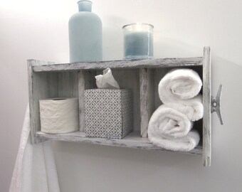 Distressed White Bathroom Shelving Over the Toilet–Chunky Bathroom Wall Shelves With Boat Cleats–2 Shelf Coastal Bathroom Shelves With Hooks