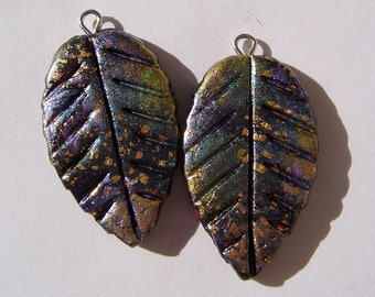 Midnight Leaf Charms Handmade Artisan Polymer Clay Charm Pair