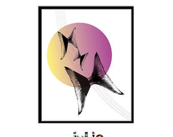 Poster 'Flying Tails', digital illustration, fishtails Butterfly design, minimalist decor