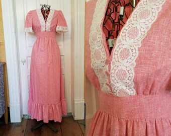Vintage 70s pink and lace maxi dress Prairie medium