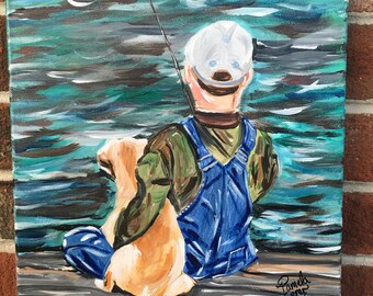 Boy fishing painting | Etsy