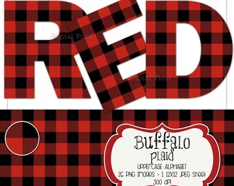 Buffalo plaid flannel uppercase alphabet clip art set - red & black check printable digital letters - instant download