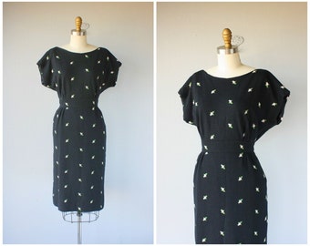 1950s Wool Wiggle Dress | 50s Wool Dress | 50s Wiggle Dress | 1950s Embroidered Dress | Black Wiggle Dress (medium)