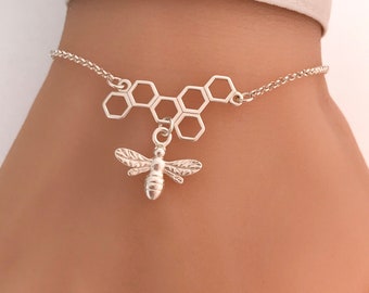 Sterling Silver Bee and Honeycomb Bracelet