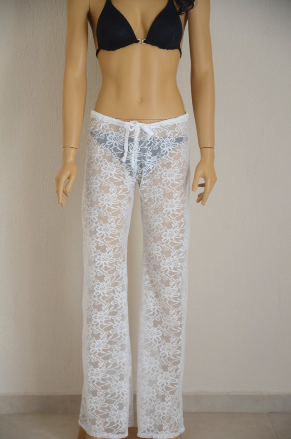 Lace beach pants/White crochet lace boho beach pants/Yoga