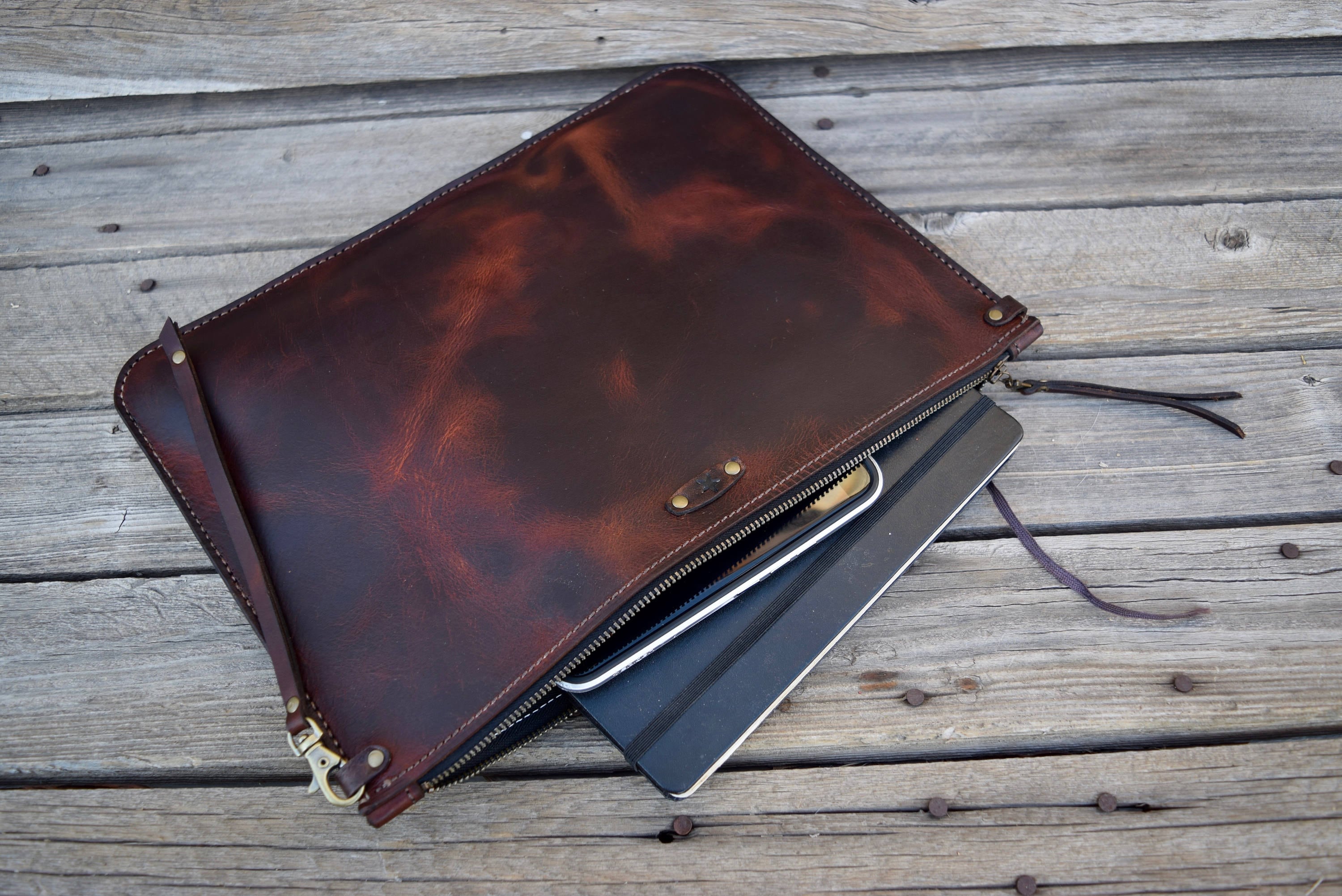 Leather Portfolio / Handmade Leather Pouch / Mens Zipper Bag