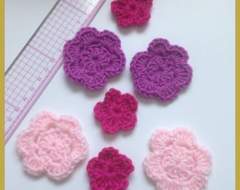 Set of 7 crochet rose tone flowers, fuchsia and purple