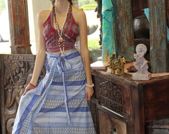 Boho Beach Babe Maui Aloha Maxi Skirt Blue Purple Magic Wrap Around Skirts Bikini Cover Up Resort Wear Sarong Dresses
