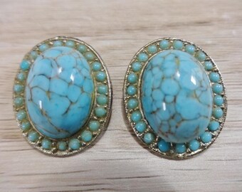 Clip on Earrings silver tone turquoise Vintage Retro jewellery jewelry