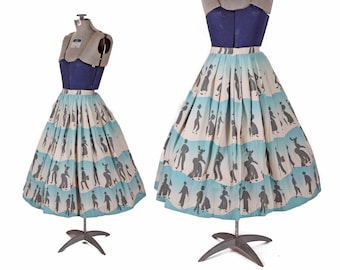 1950s Black White and Blue Silhouette 1800s 19th Century People Walking Poodle Dog Novelty Print Skirt by Miss Pat -XS
