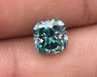 Blue Green Moissanite / 1.9 Ct / Cushion Cut / 7.33 mm / VS1 / loose