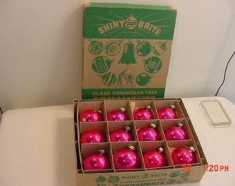 12 Vintage Pink Shiny Brite Mercury Glass Christmas Tree Ornaments In Original Box 17 - 696