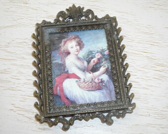 italian metal picture frame with picture - antiqued brass filigree wall hanging in blue gray tones - shabby cottage chic - hollywood regency
